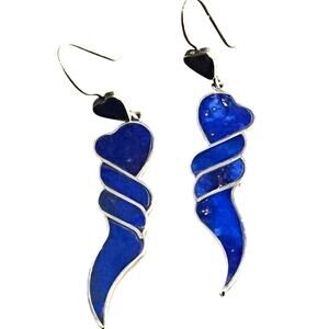 Lapis Lazuli Royal Blue 950 Sterling‎ Silver Heart Dangle Southwestern Earring